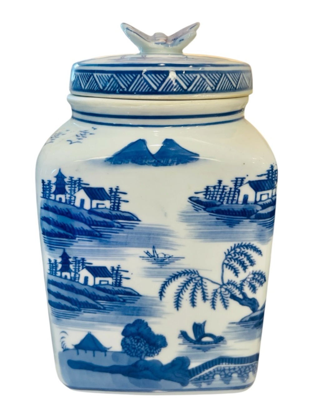 Vintage Chinese Blue & White Ginger Jar Canister Set Butterfly Lids Chinoiserie - Picture 5 of 6
